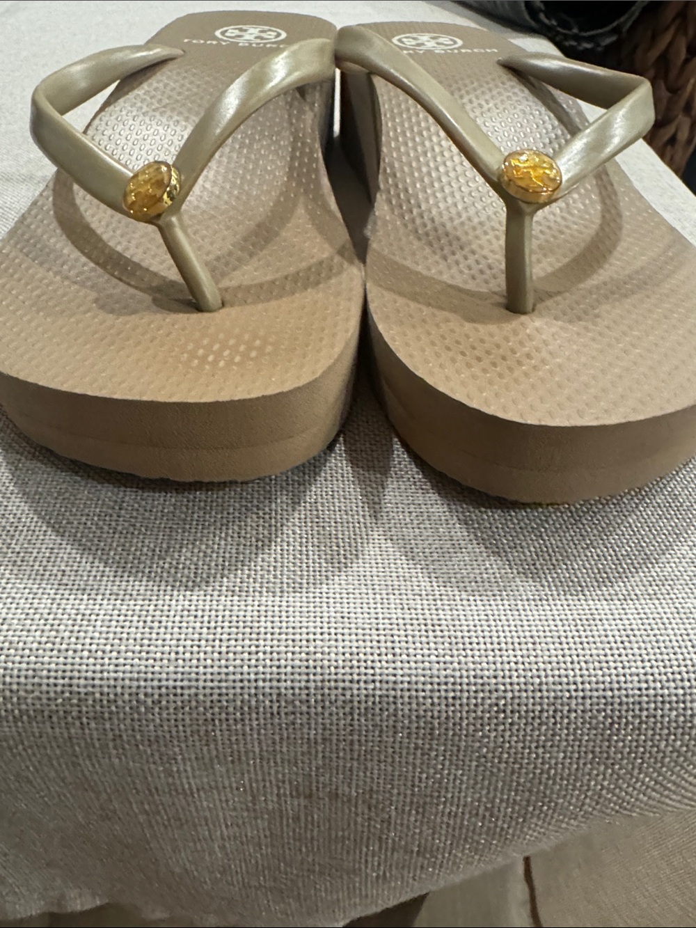 Tory Burch Taupe and Gold Logo Flip Flop Mini Wedge Sandals Size 7 - Picture 3 of 8